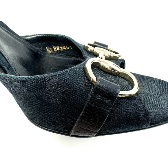 Gucci GG Logo Guccissima White Gold Horsebit D'Orsay Black Canvas Heels US 9.5 - Picture 7 of 9
